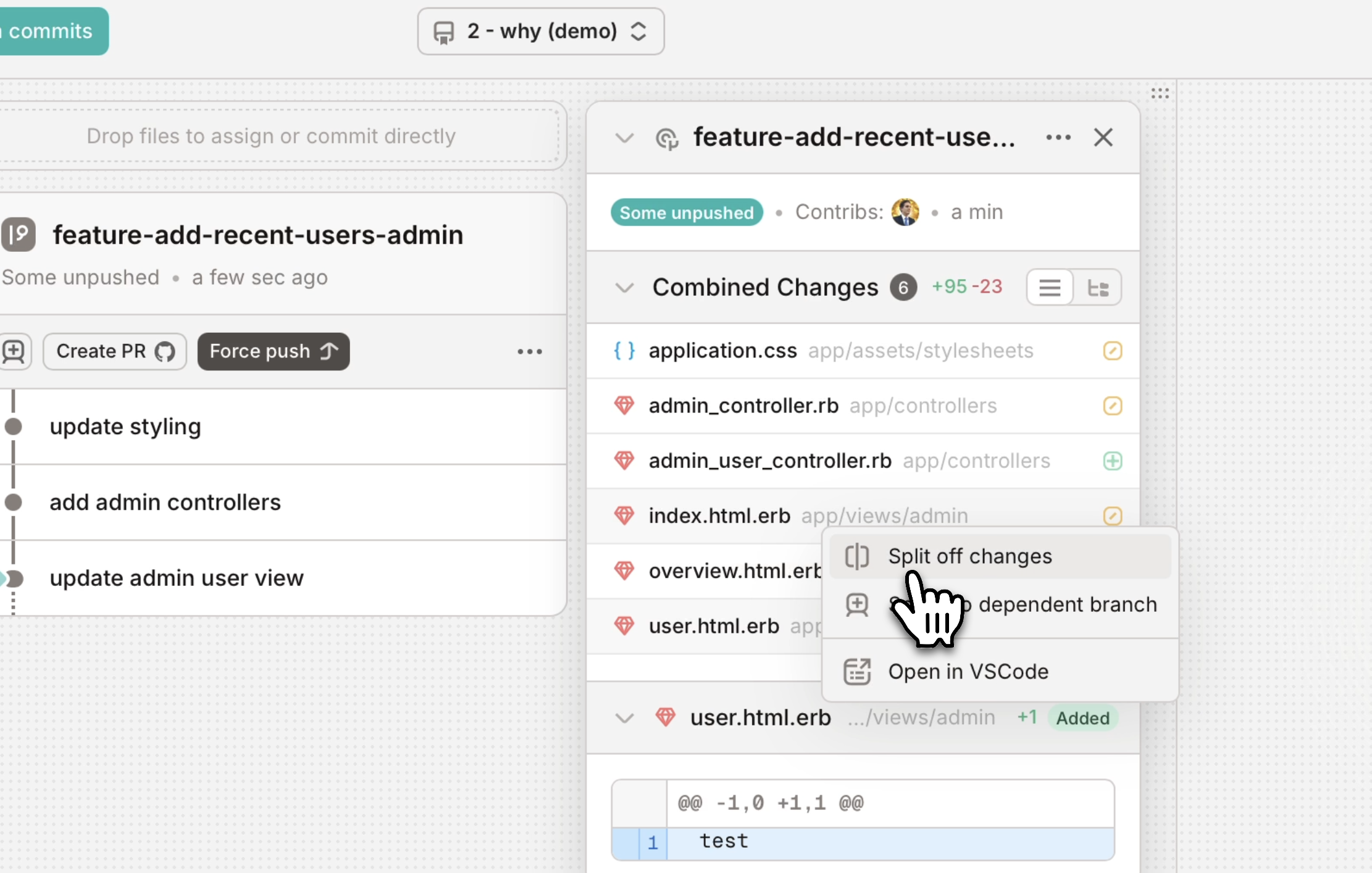 splitting off file changes into a new branch